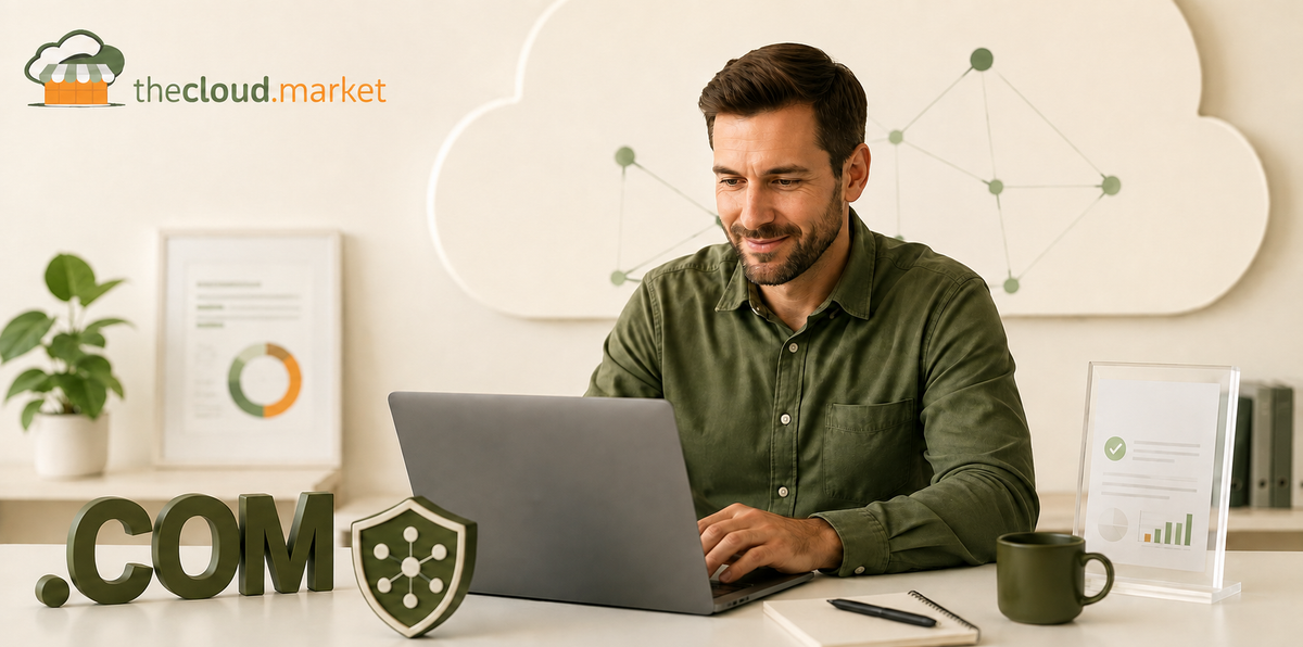 US small-business owner reviewing .com domain costs beside DNS security graphics and The Cloud Market branding.