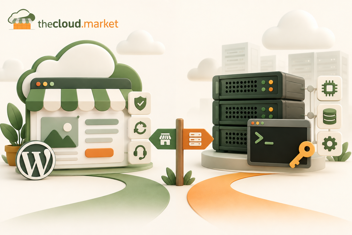 Managed WordPress hosting and an unmanaged KVM VPS shown as two infrastructure choices.