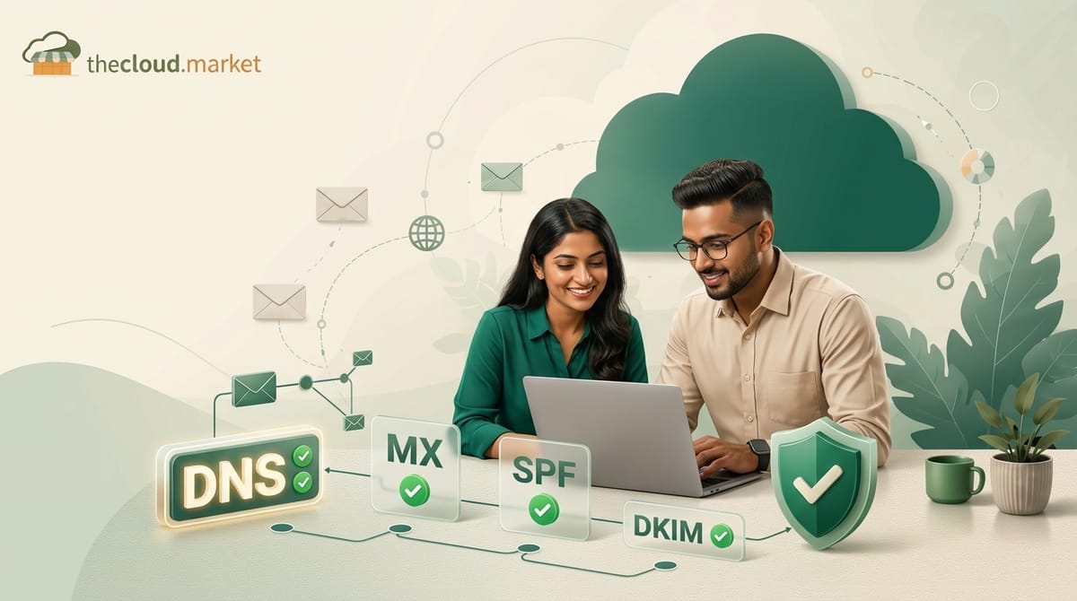 Business team reviewing DNS records and domain health beside cloud infrastructure.