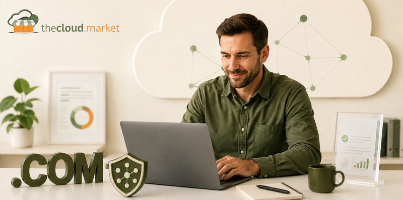 US small-business owner reviewing .com domain costs beside DNS security graphics and The Cloud Market branding.