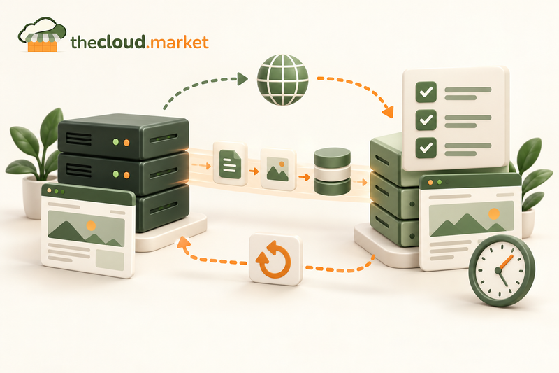 Website files and a database moving between two hosting environments with testing and rollback.