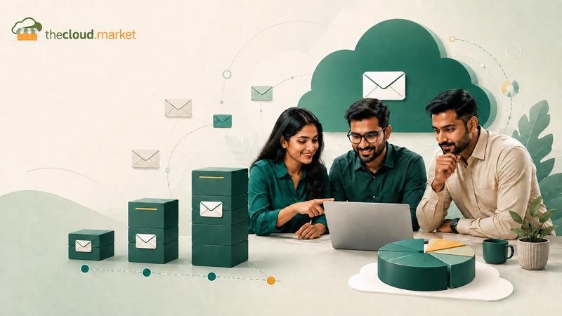 Indian small-business team reviewing pooled business email storage and mailbox capacity.