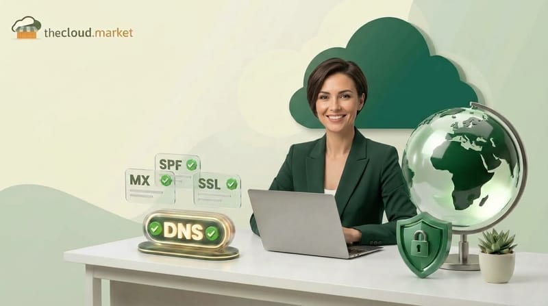 Business professional reviewing DNS, mail and SSL checks before a global website migration.