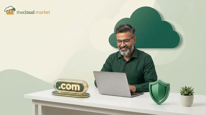 Indian business owner reviewing .com domain renewal costs on a laptop with The Cloud Market branding.